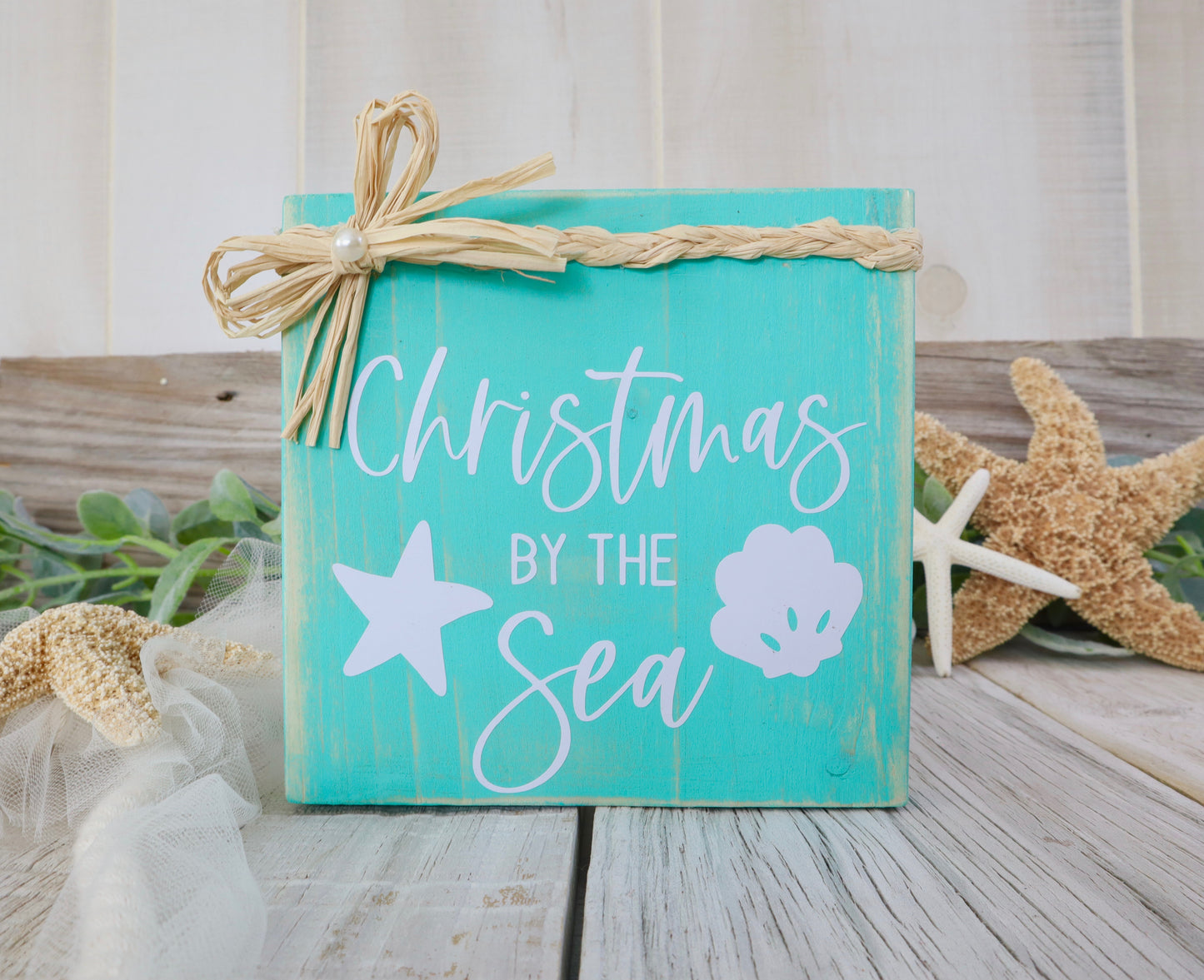 Coastal Beach Sign Christmas by the Sea Aqua Blue and White