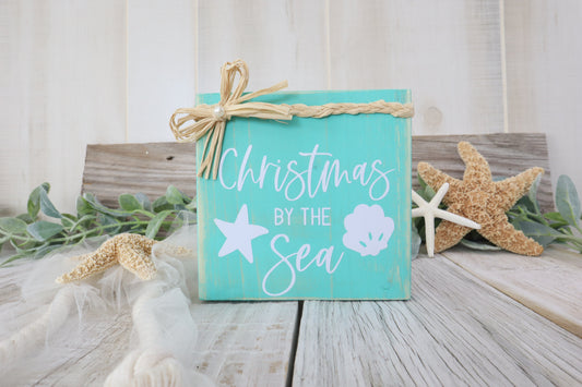 Coastal Beach Sign Christmas by the Sea Aqua Blue and White