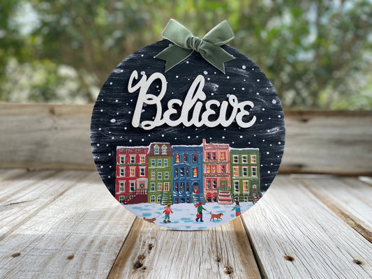 BELIEVE Snowy City Scape Sign-FREE SHIPPING