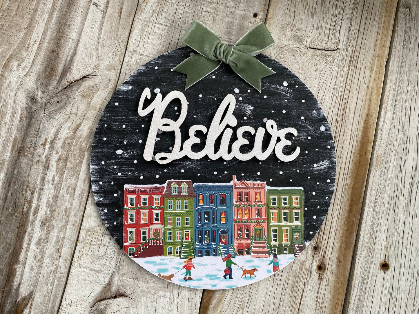 BELIEVE Snowy City Scape Sign-FREE SHIPPING