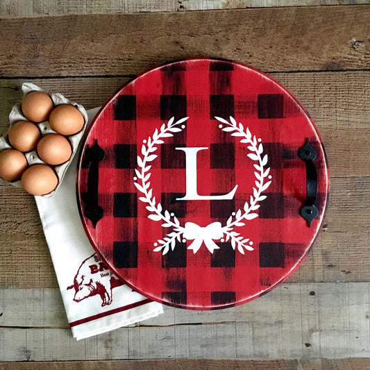 Personalized Round Serving Tray/Red Black Buffalo Plaid with White