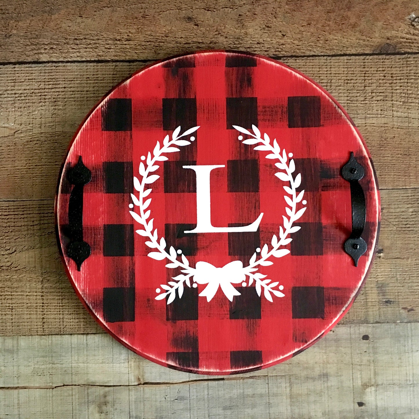 Personalized Round Serving Tray/Red Black Buffalo Plaid with White